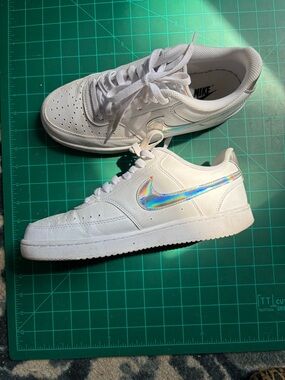 Nike White Court Vision Sneakers with Iridescent Swoosh and Accents